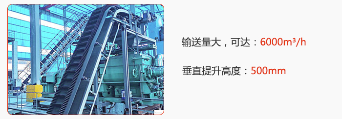大傾角帶式輸送機(jī)輸送量大，可達(dá)：6000m3/h，垂直提升高度：500mm